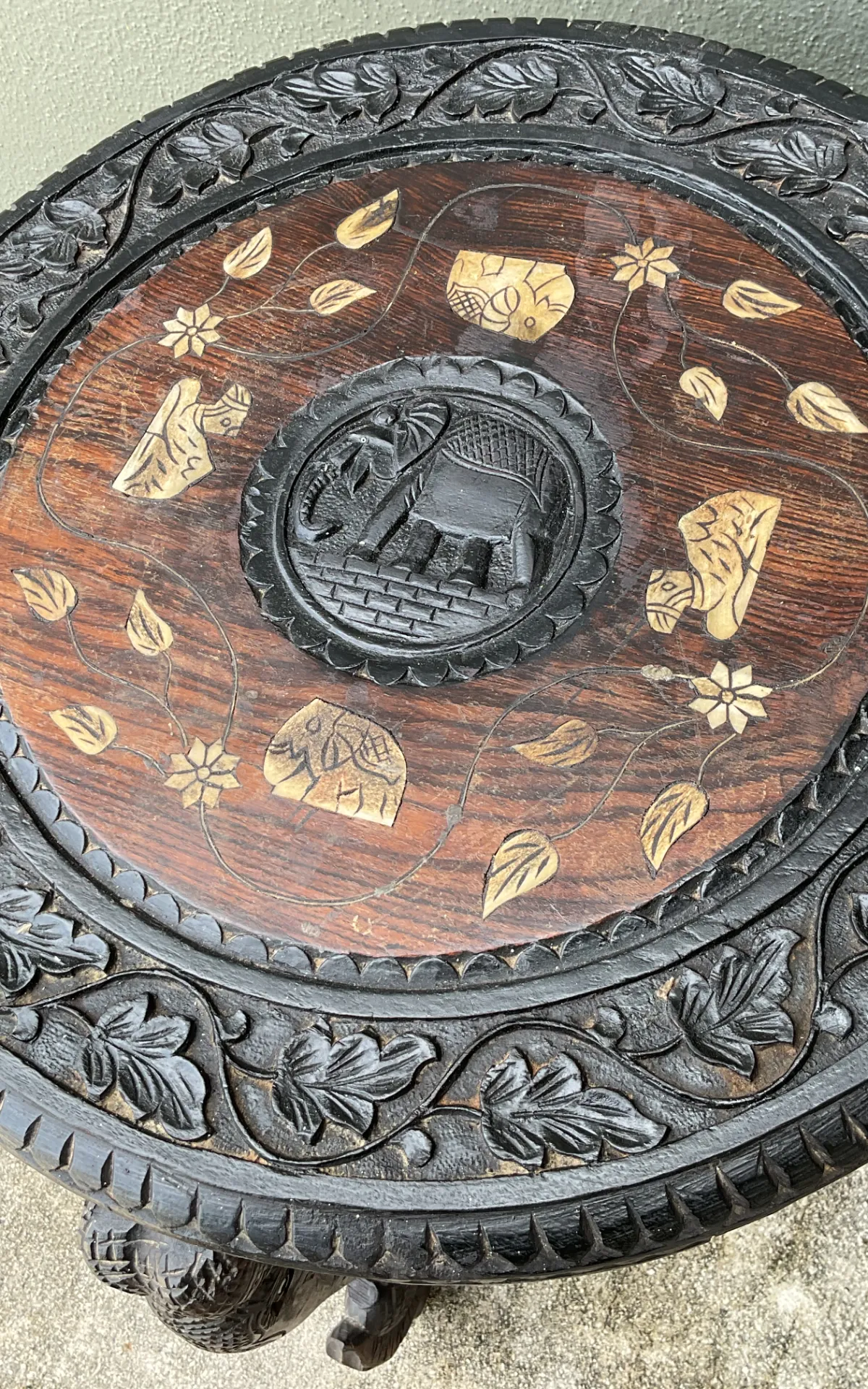 Vintage Carved Wood Elephant Inlay Side Table - Interior view