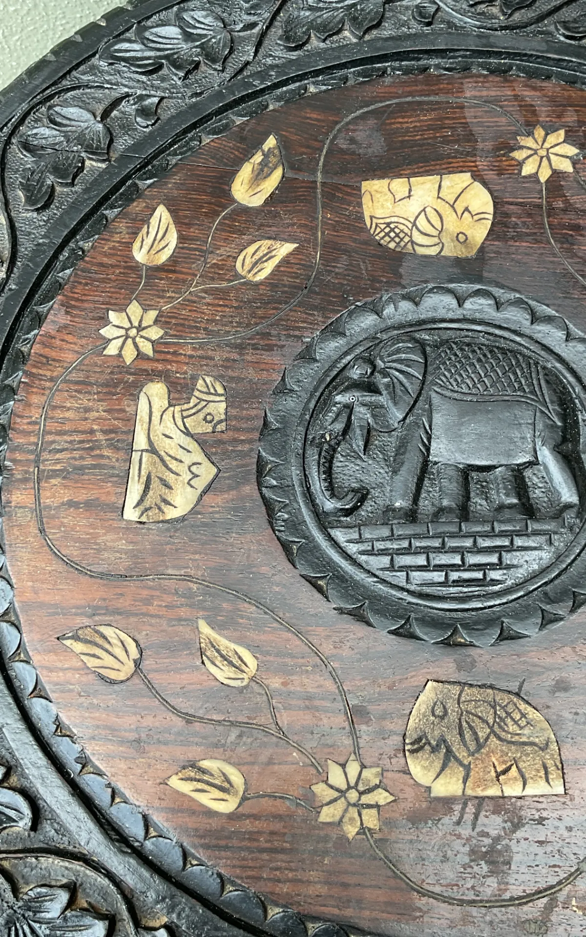 Vintage Carved Wood Elephant Inlay Side Table - Bottom view