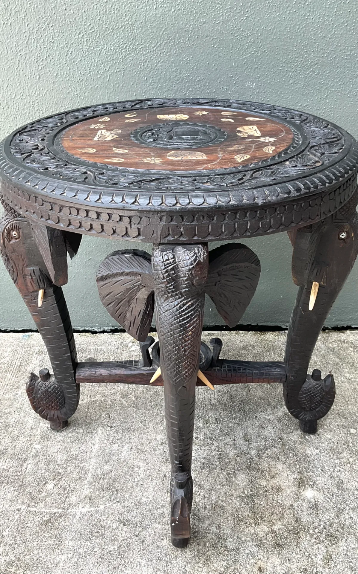 Vintage Carved Wood Elephant Inlay Side Table - Back view