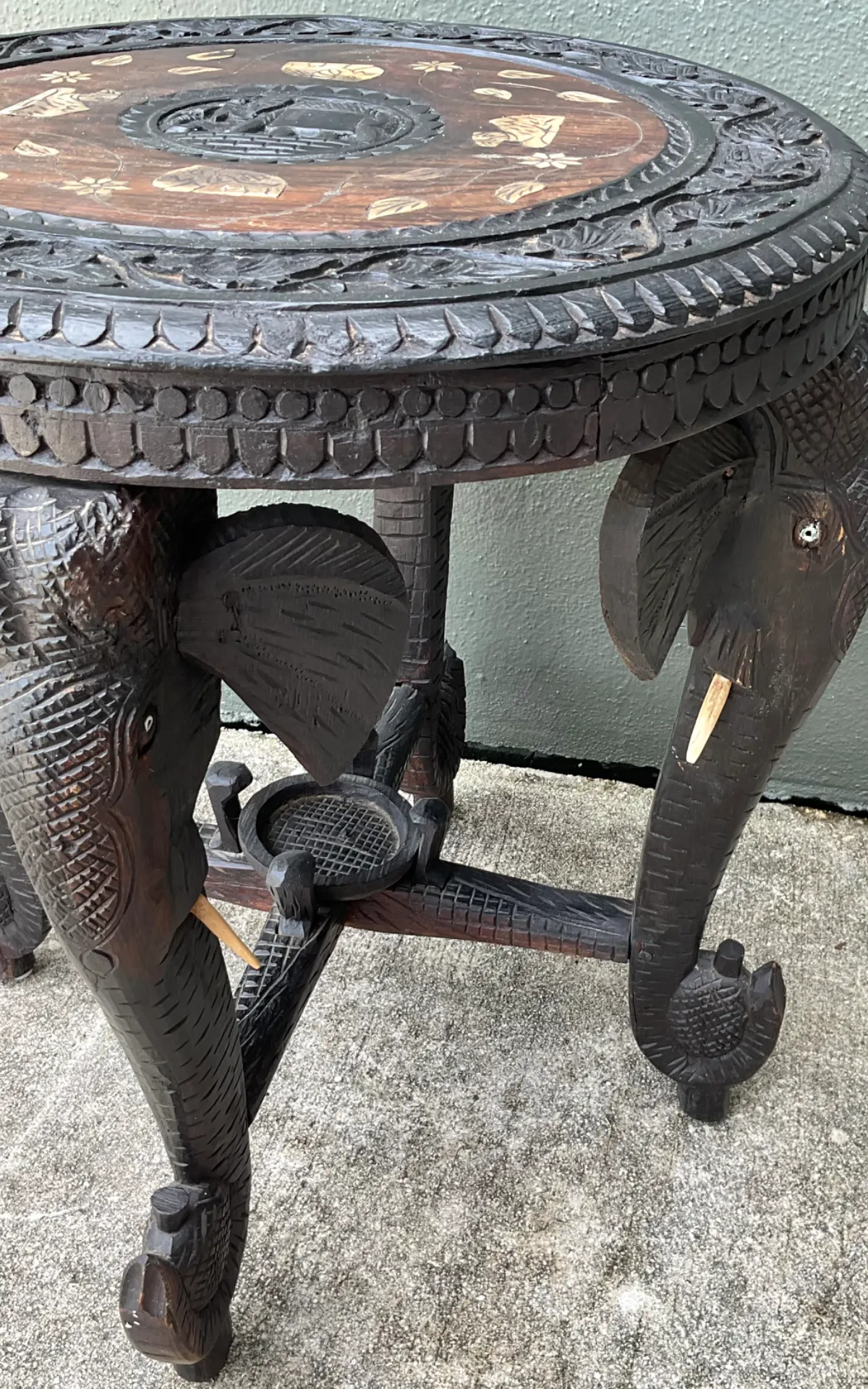 Vintage Carved Wood Elephant Inlay Side Table - Top view
