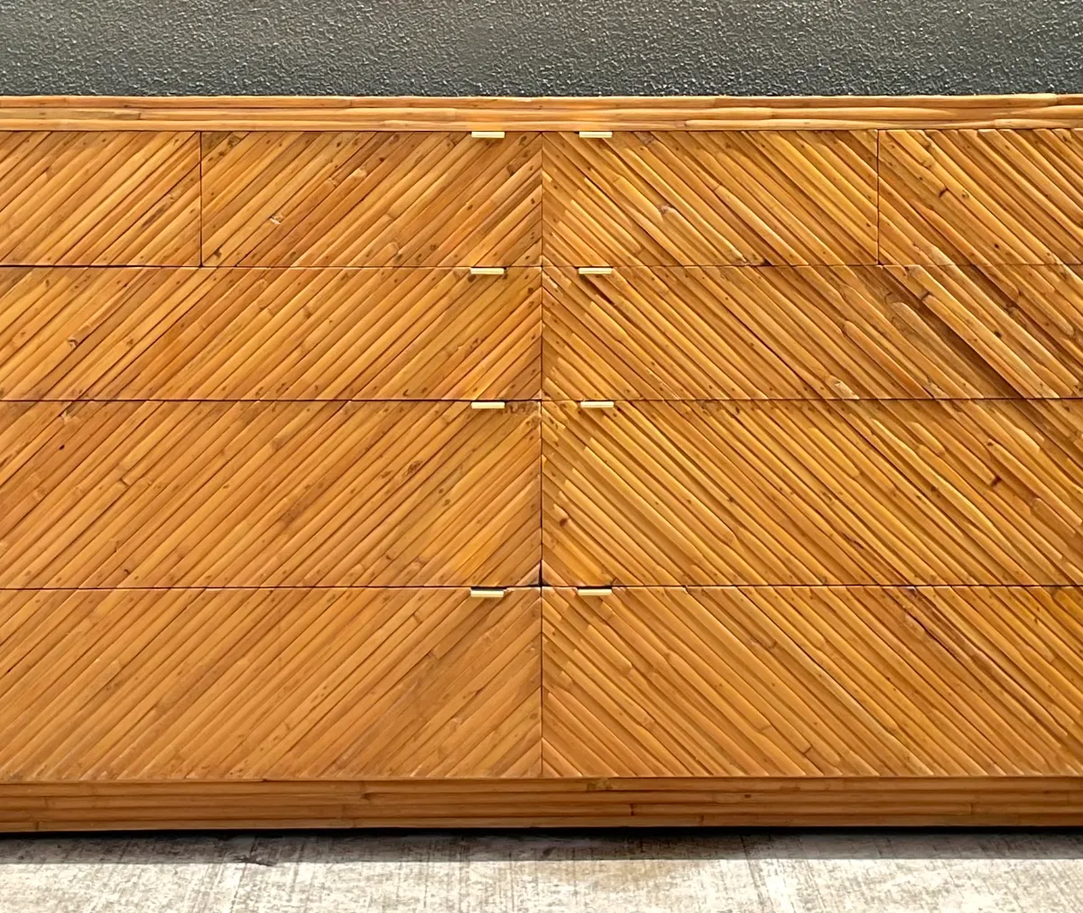 Vintage Chevron Rattan Six-Drawer Dresser - Close-up view