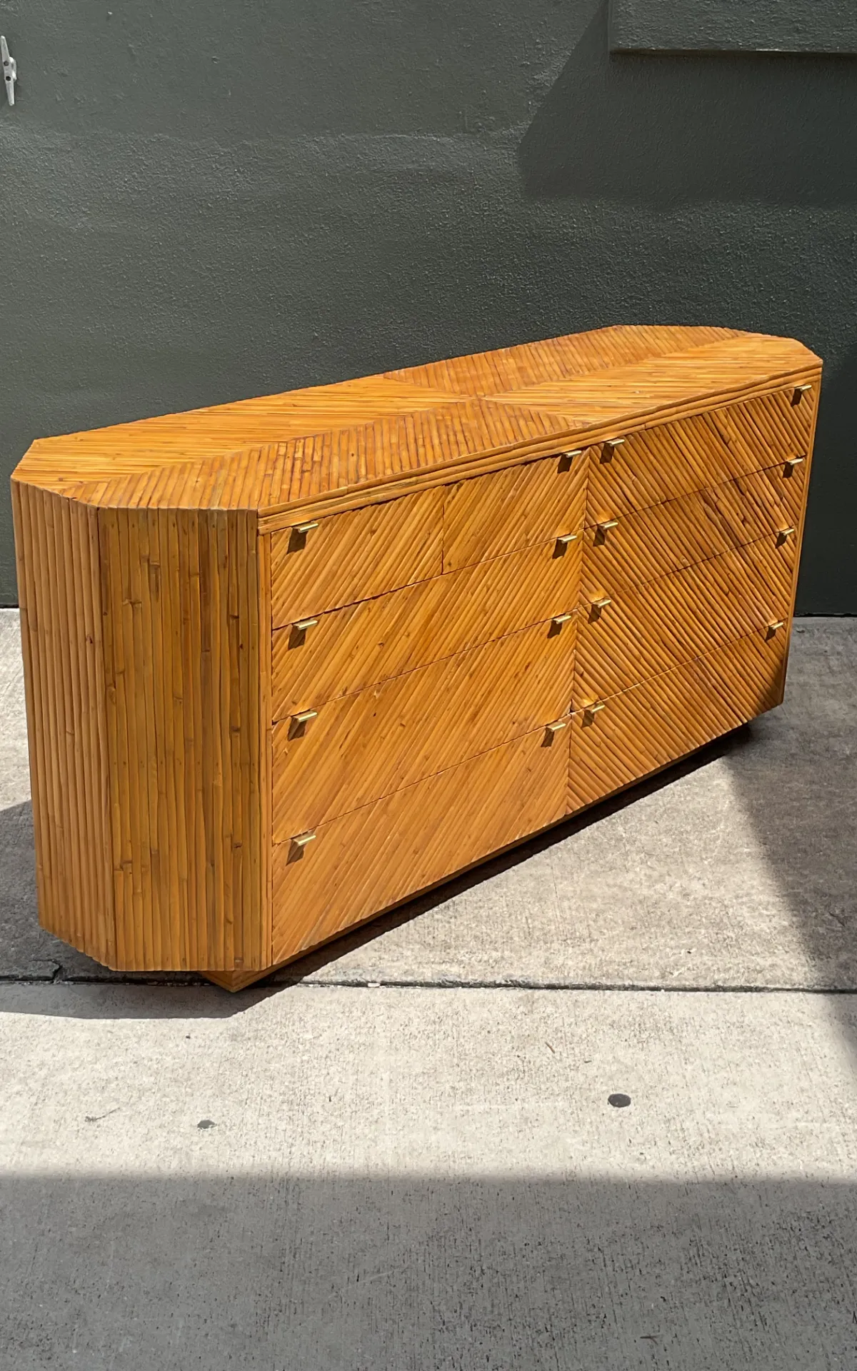 Vintage Chevron Rattan Six-Drawer Dresser - Top view