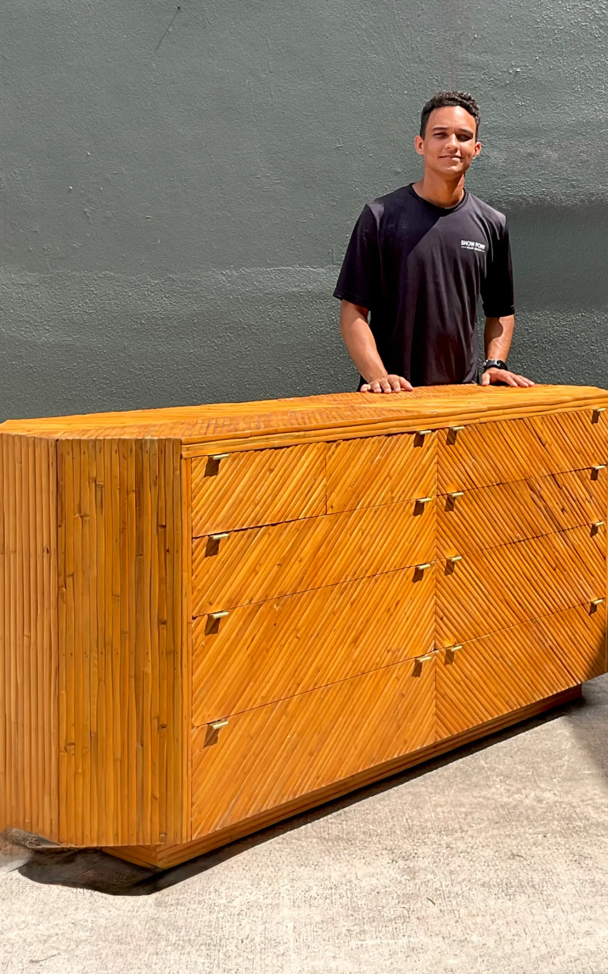Vintage Chevron Rattan Six-Drawer Dresser - Angle view