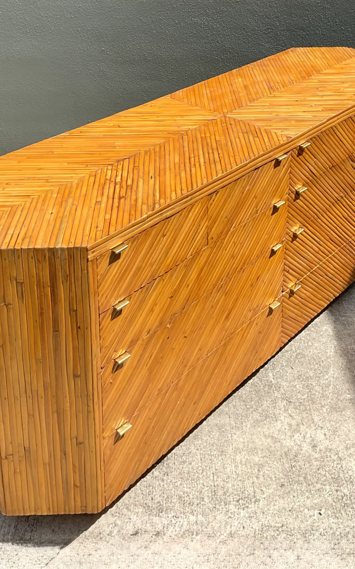 Vintage Chevron Rattan Six-Drawer Dresser - Interior view
