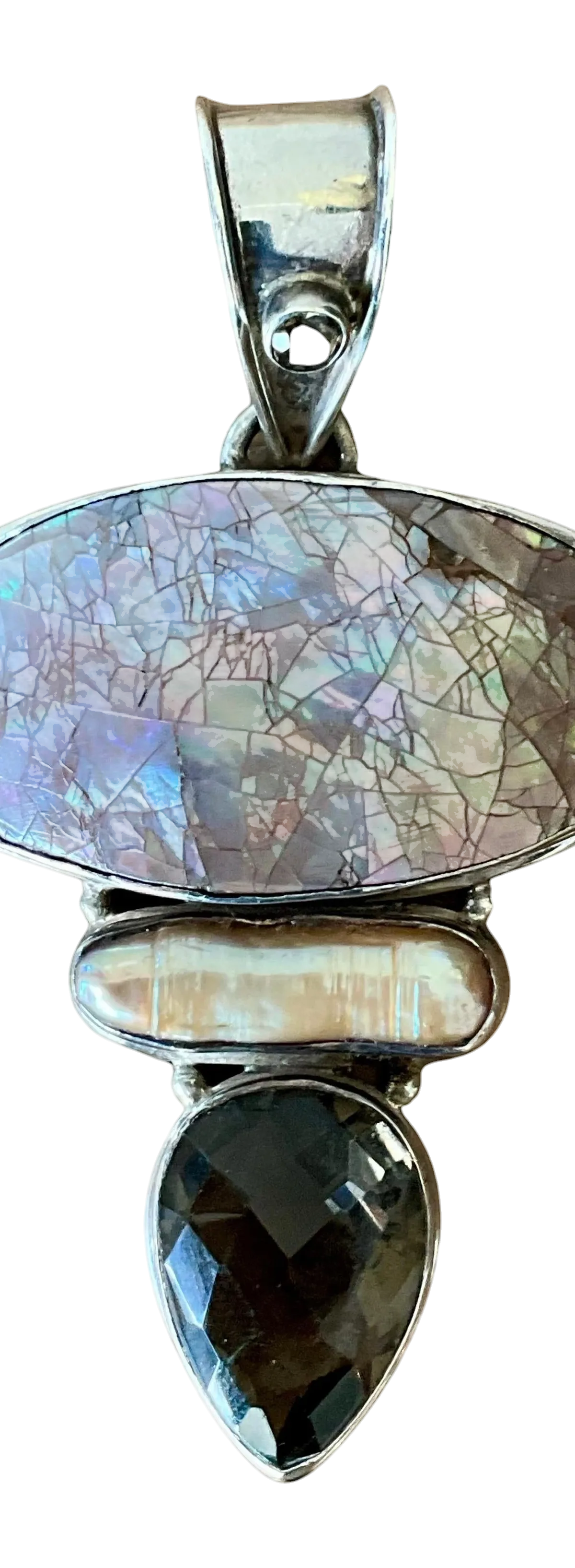 Vintage Boho Smokey Quartz & Mother of Pearl Pendant - Detail view
