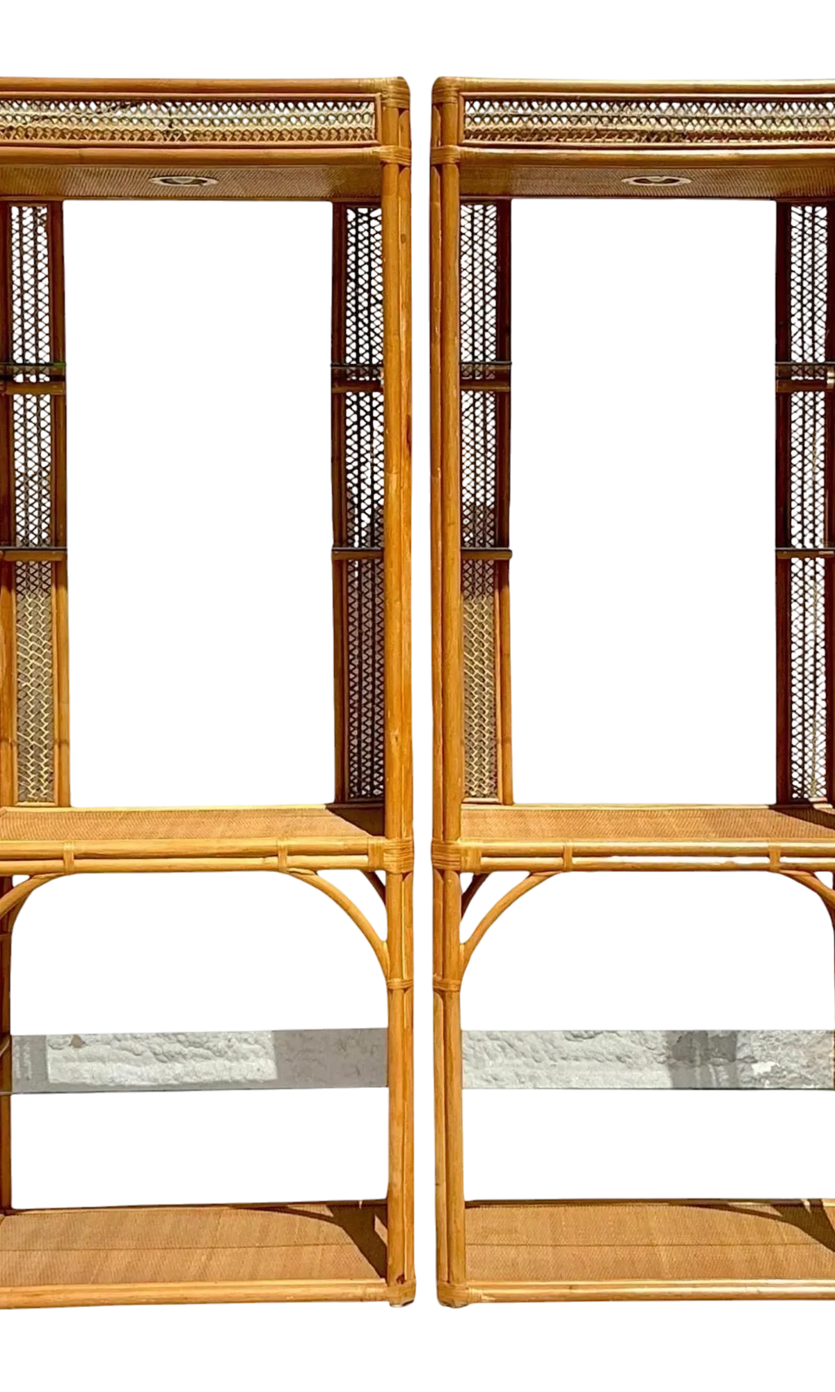 Vintage Coastal Woven Rattan Etagere - A Pair - Detail view